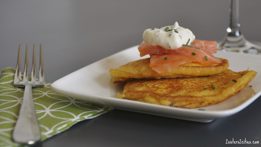 corn pancakes with smoked salmon