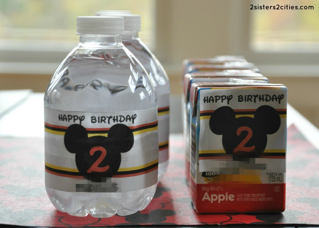 Mickey Mouse water bottles and juice boxes