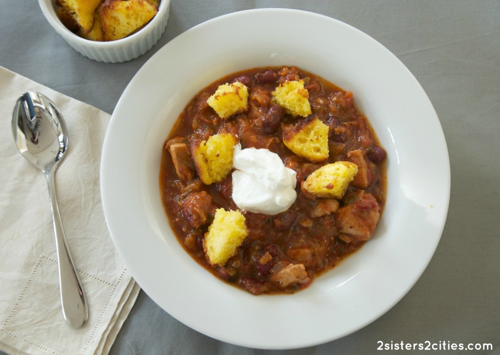 Chicken Chili with Corn Muffin Croutons
