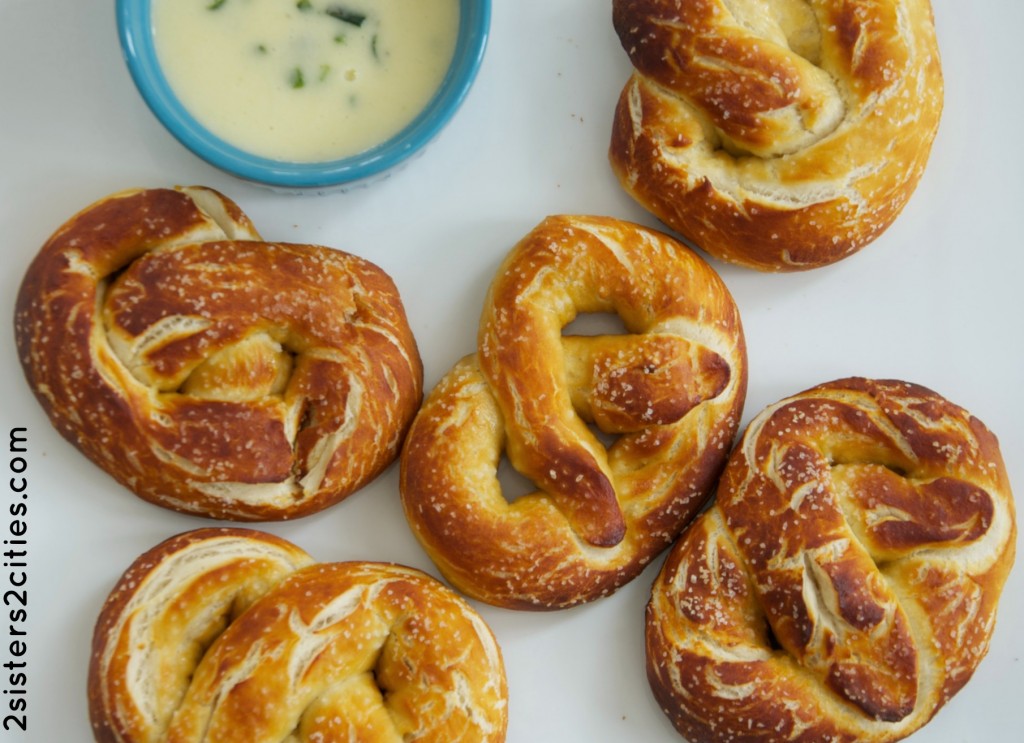 soft homemade pretzels with jalapeño dipping sauce