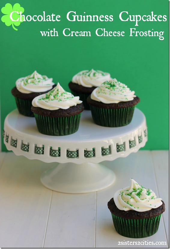 Chocolate Guinness Cupcakes filled with ganache and topped with Cream Cheese Frosting