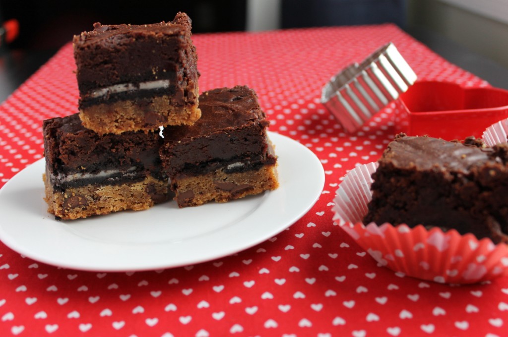 3 Layer Brownies- chocolate chip cookies, Oreos, and brownies together in one bar!